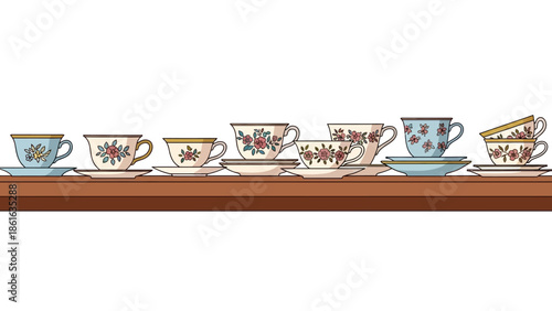 Charming floral teacups in a flat style on a wooden shelf