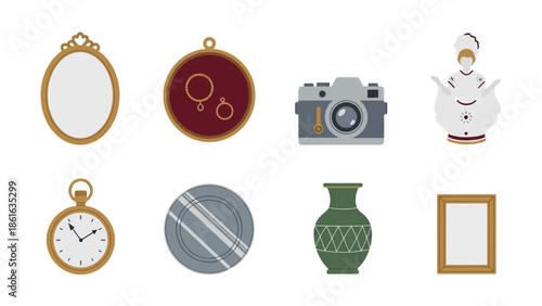 Vintage objects collection with camera, clock, and frame in flat design