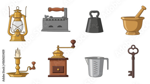 Collection of vintage household items: lantern, iron, scale, and more