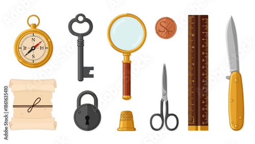 Vintage tools collection: compass, key, magnifying glass, and more in realistic style