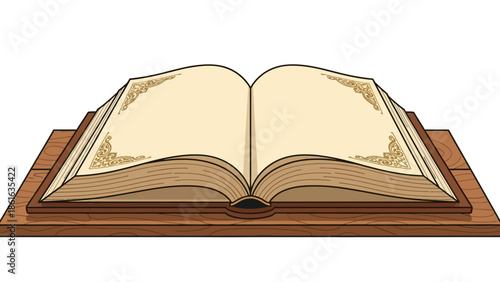 Ornate open book on wooden stand with intricate border design