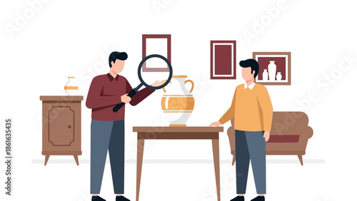 Art enthusiasts examining artifact in minimalist living room with magnifying glass