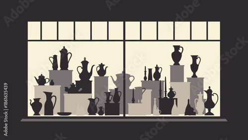 Elegant silhouette of vintage vases and cups displayed on shelves in minimalist style