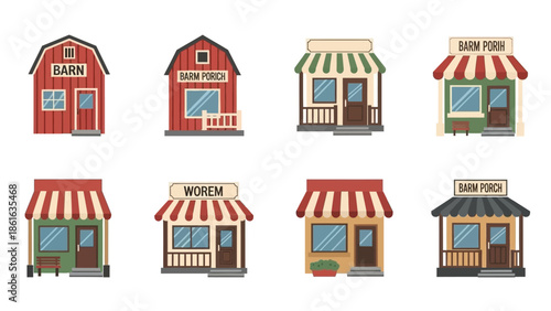Charming barn and porch icons with rustic boutique fronts in flat design