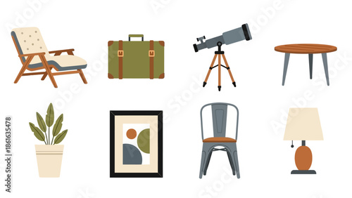 Mid century modern furniture and decor icons in flat design style