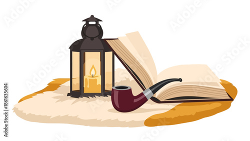 Cozy reading corner with lantern, open book, and rustic pipe