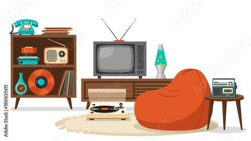 Vintage retro living room with tv, radio, vinyl records, and decor