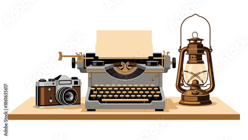Retro desk setup with vintage typewriter, camera, and lantern on wooden shelf