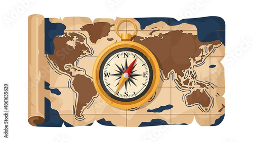 Vintage compass on world map with nautical illustration design
