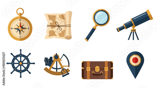 Nautical adventure icons featuring compass, telescope, and map in flat style