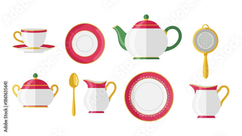 Elegant flat style tea set with colorful design elements
