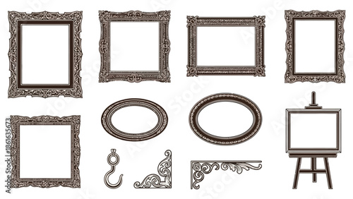 Vintage ornate frame collection with decorative borders and easel display