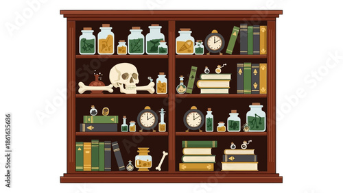 Curiosities and oddities cabinet with vintage books, jars, and clocks