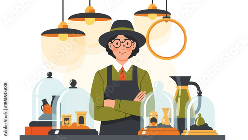 Barista standing confidently in vintage coffee shop with warm lighting