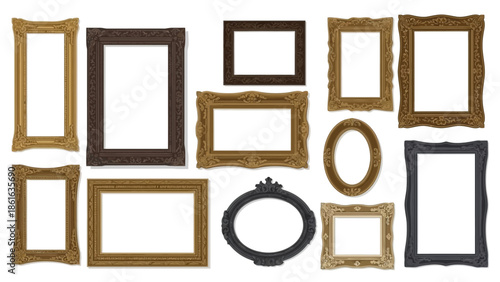 Set of elegant ornate frames in various shapes and textures for decorative displays