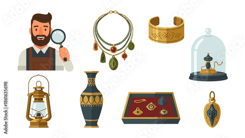 Antique collector theme: jewelry, artifacts, and treasures in flat design