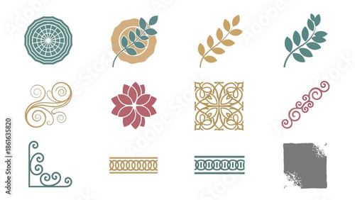 Elegant ornamental design: floral and geometric motifs in minimalist style