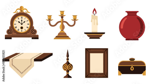 Vintage home decor set featuring candle holder, clock, and vase