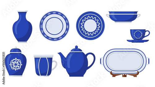 Elegant blue and white porcelain dishware collection with floral patterns