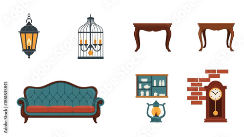 Vintage furniture and decor set with sofa, clock, and lanterns