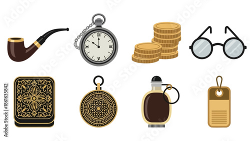 Vintage accessories set: pipe, pocket watch, coins, glasses, flask, elegant décor