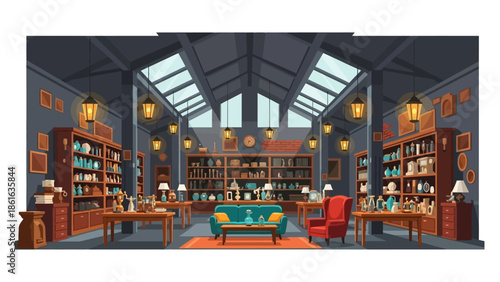 Cozy antique shop interior with vintage furniture and warm lighting