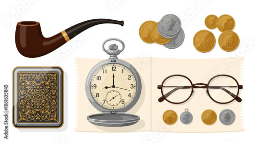 Antique collection with pocket watch, glasses, coins, pipe, and vintage tin on paper background