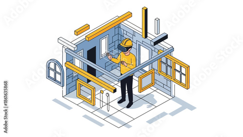 Isometric construction worker in virtual reality building environment with 3d architectural elements