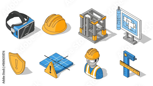 Isometric construction icons: safety gear, tools, and equipment for modern projects