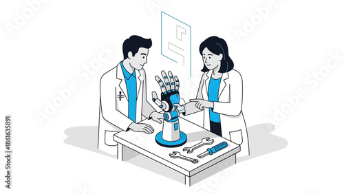 Scientists collaborating on advanced robotic hand prototype in modern lab setting