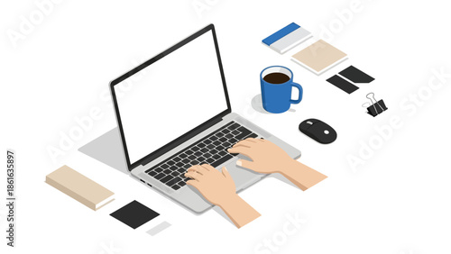 Isometric laptop workspace with coffee, books, and accessories on a white background