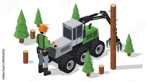 Isometric forest logging scene with worker and machinery in action