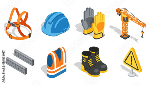 Isometric construction equipment icons: safety gear, tools, and machinery