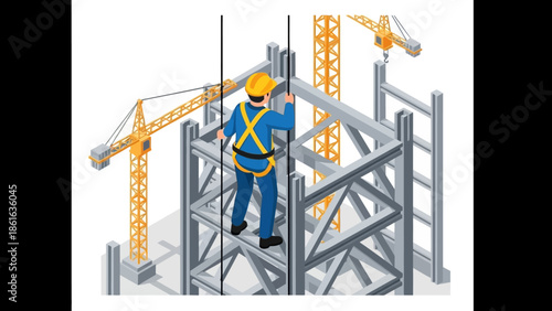 Construction site safety: worker harnessed on high steel structure near cranes