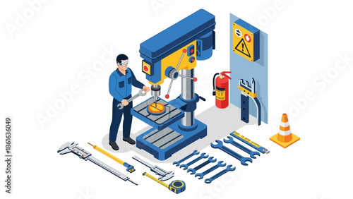 Industrial workshop scene with machinist operating drill press in isometric style