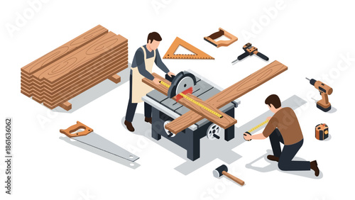 Isometric workshop scene with woodworking tools and craftsmen