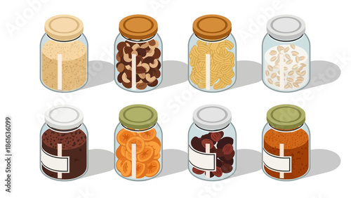 Isometric glass jars with various dry foods in modern minimalist design
