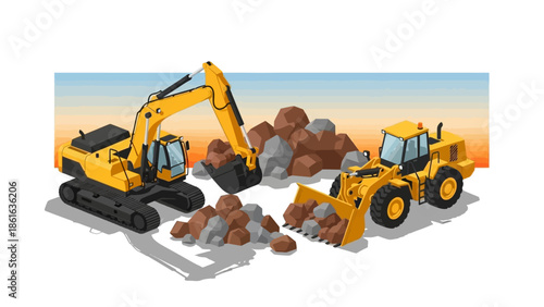 Construction equipment: excavator and loader working in harmony at dusk