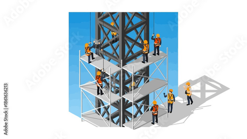 Construction workers on scaffolding at steel structure site in isometric style