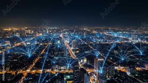 A vibrant cityscape at night illuminated by lights and network connections.