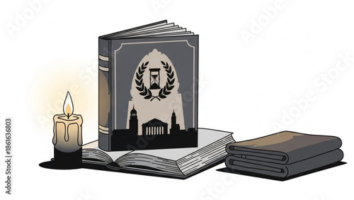 Open book with city silhouette and hourglass emblem lit by a candle representing knowledge and time isolated on white