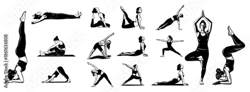 Set of young women doing various yoga poses and stretching exercises