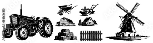Vintage engraving style set of farm elements including tractor and windmill
