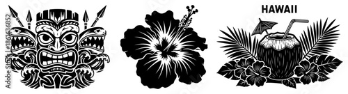 Set of hawaiian tiki mask and tropical summer vacation elements