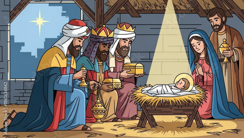 The Nativity scene with the Three Wise Men Mary Joseph and baby Jesus in a manger a religious illustration for Christmas