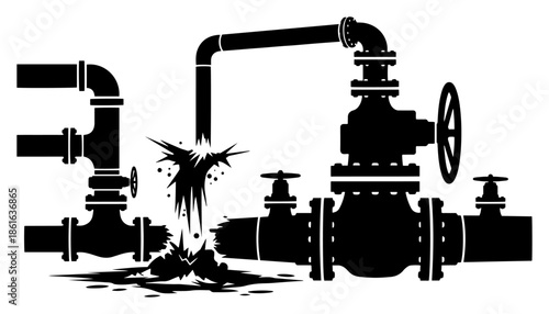 Industrial pipeline system with leaking pipe and pressure valves