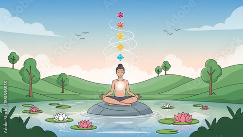 Person meditating in lotus pose on rock in serene lake with chakra symbols and nature landscape for wellness and spiritual concept