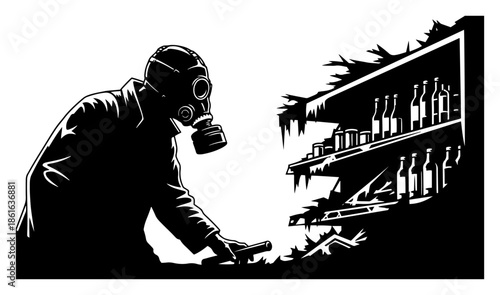 Post apocalyptic scene with a man in gas mask