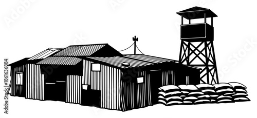 Old military outpost with a guard watchtower illustration