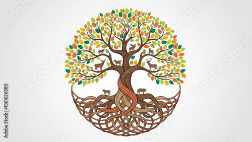 Circular tree of life illustration with animals symbolizing nature growth and interconnectedness perfect for eco-friendly concepts